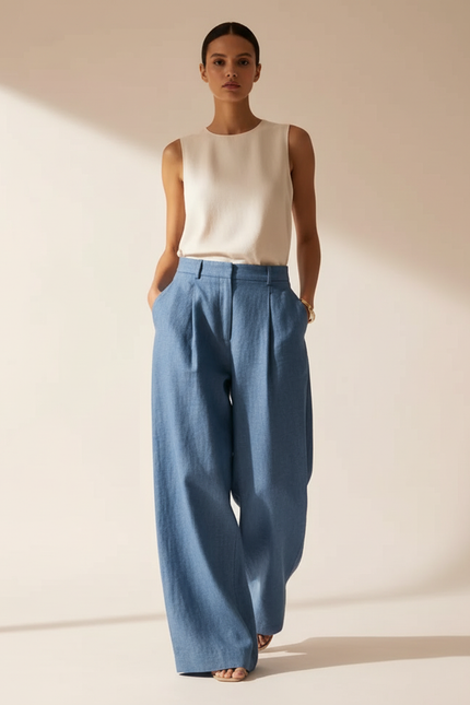 Pantalon Baggy Bleu Jean Ample Taille Haute Fluide