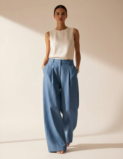 Pantalon Baggy Bleu Jean Ample Taille Haute Fluide