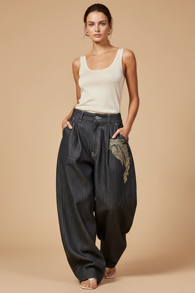 Pantalon Baggy Noir Denim Ample Brodé Femme - Jean