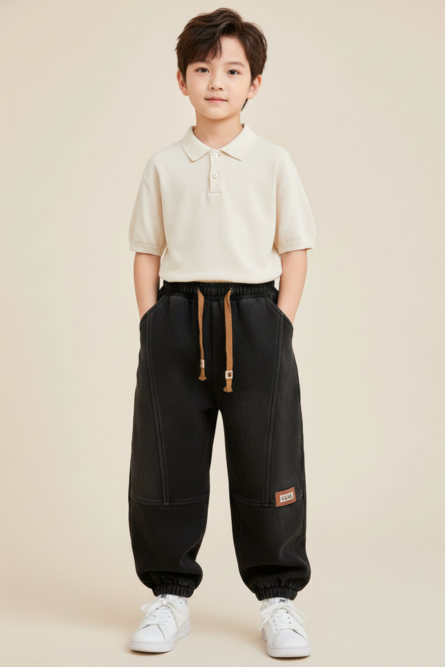 Pantalon Baggy Noir Ample Coton Épais Hiver Enfant - Molleton