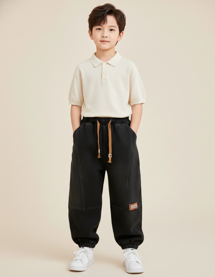 Pantalon Baggy Noir Ample Coton Épais Hiver Enfant - Molleton