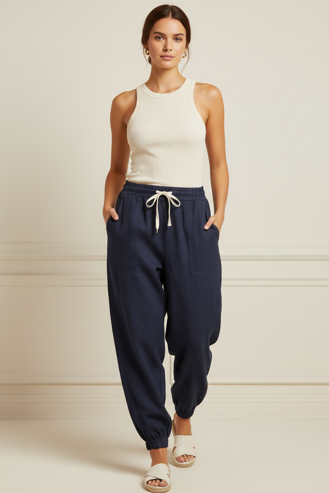 Pantalon Baggy Bleu Marine Cordon Lin Ample Confortable Femme