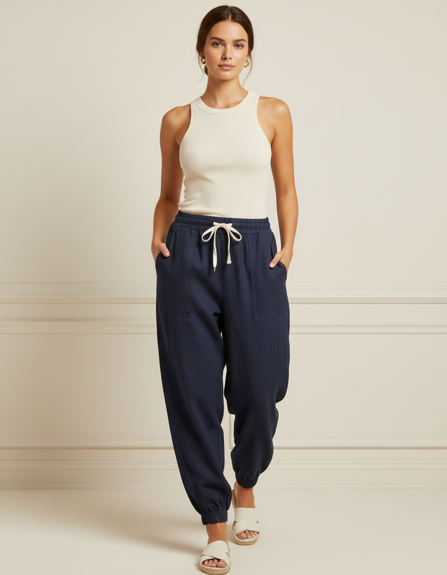 Pantalon Baggy Bleu Marine Cordon Lin Ample Confortable Femme