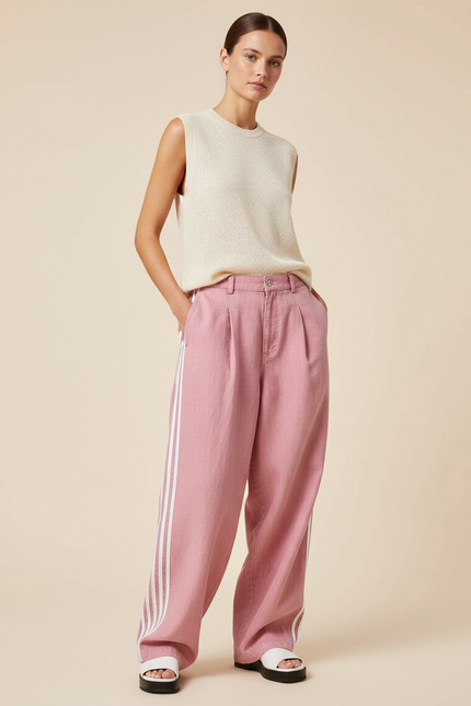Pantalon Baggy Rose Rayures Blanches Ample Femme - Jean