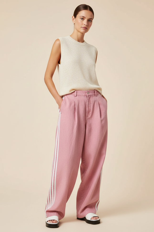 Pantalon Baggy Rose Rayures Blanches Ample Femme - Jean