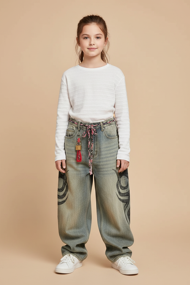 Pantalon Baggy Jean Délavé Imprimé Tribal Ample - Bleu