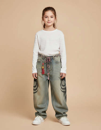 Pantalon Baggy Jean Délavé Imprimé Tribal Ample - Bleu