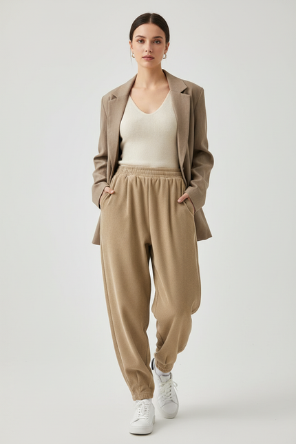 Pantalon Baggy Beige Côtelé Ample Décontracté Élastique - Cordé