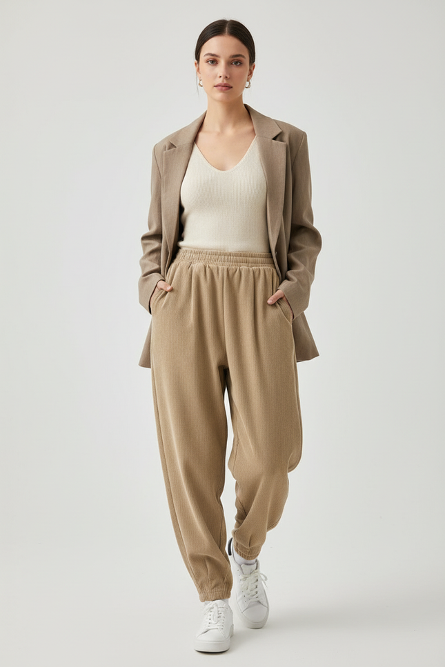 Pantalon Baggy Beige Côtelé Ample Décontracté Élastique - Cordé