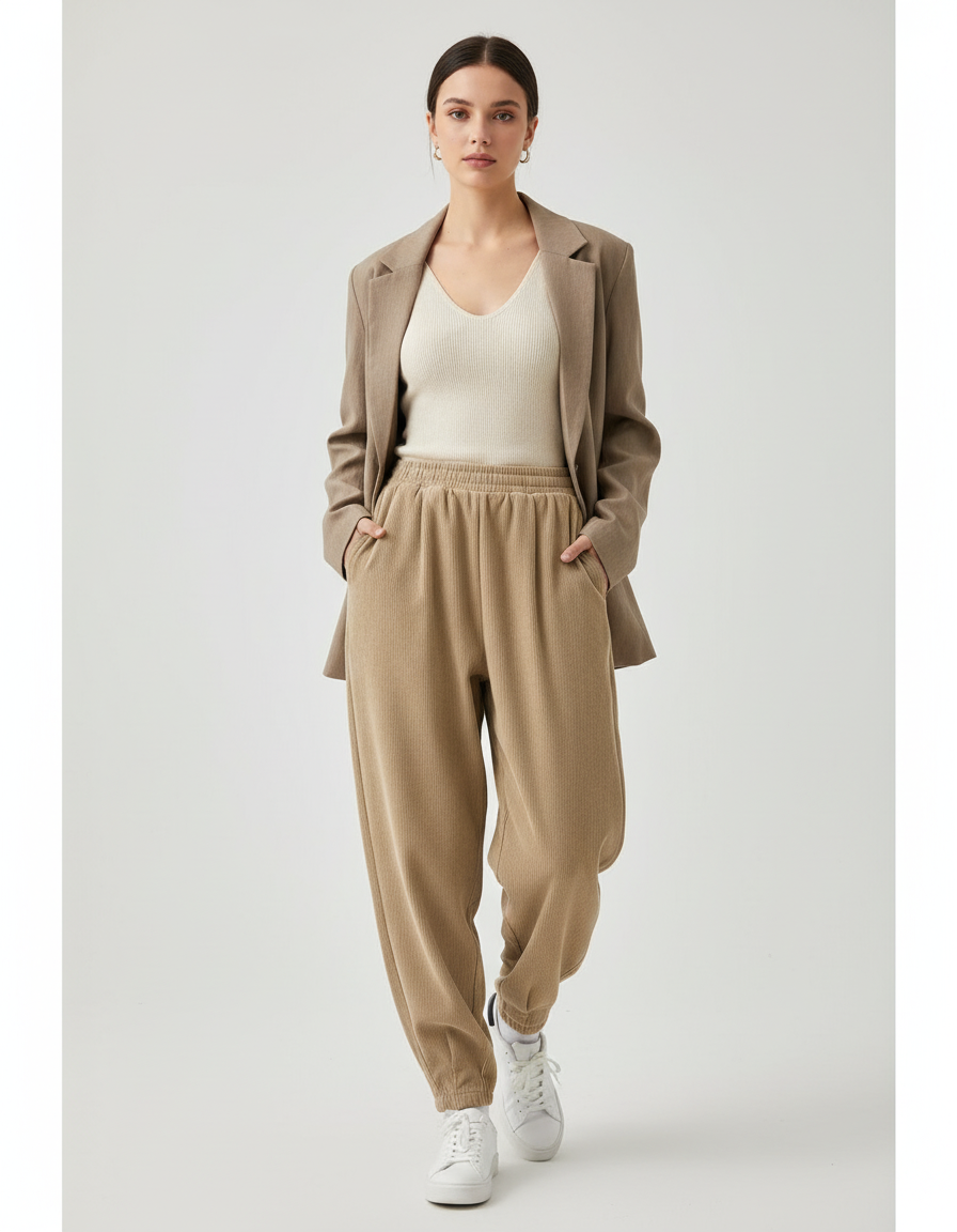 Pantalon Baggy Beige Côtelé Ample Décontracté Élastique - Cordé