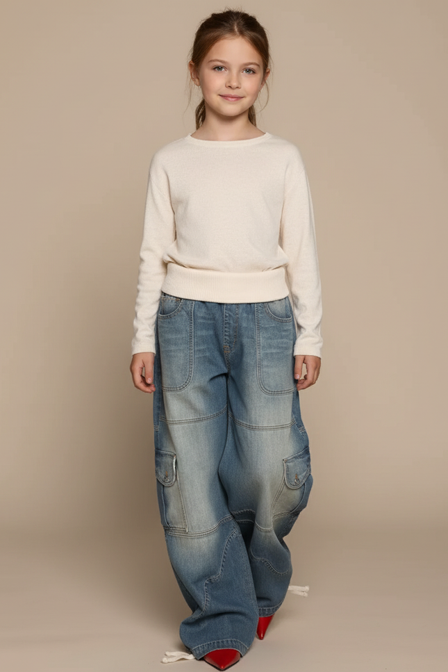 Pantalon Baggy Jean Ample Cargo Enfant Décontracté - Bleu