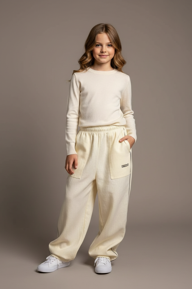 Pantalon Baggy Crème Molleton Ample Rayures Confortable - Beige