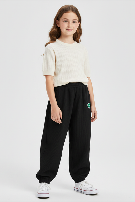 Pantalon Baggy Noir Côtelé Ample Cœur Fille - Cordé