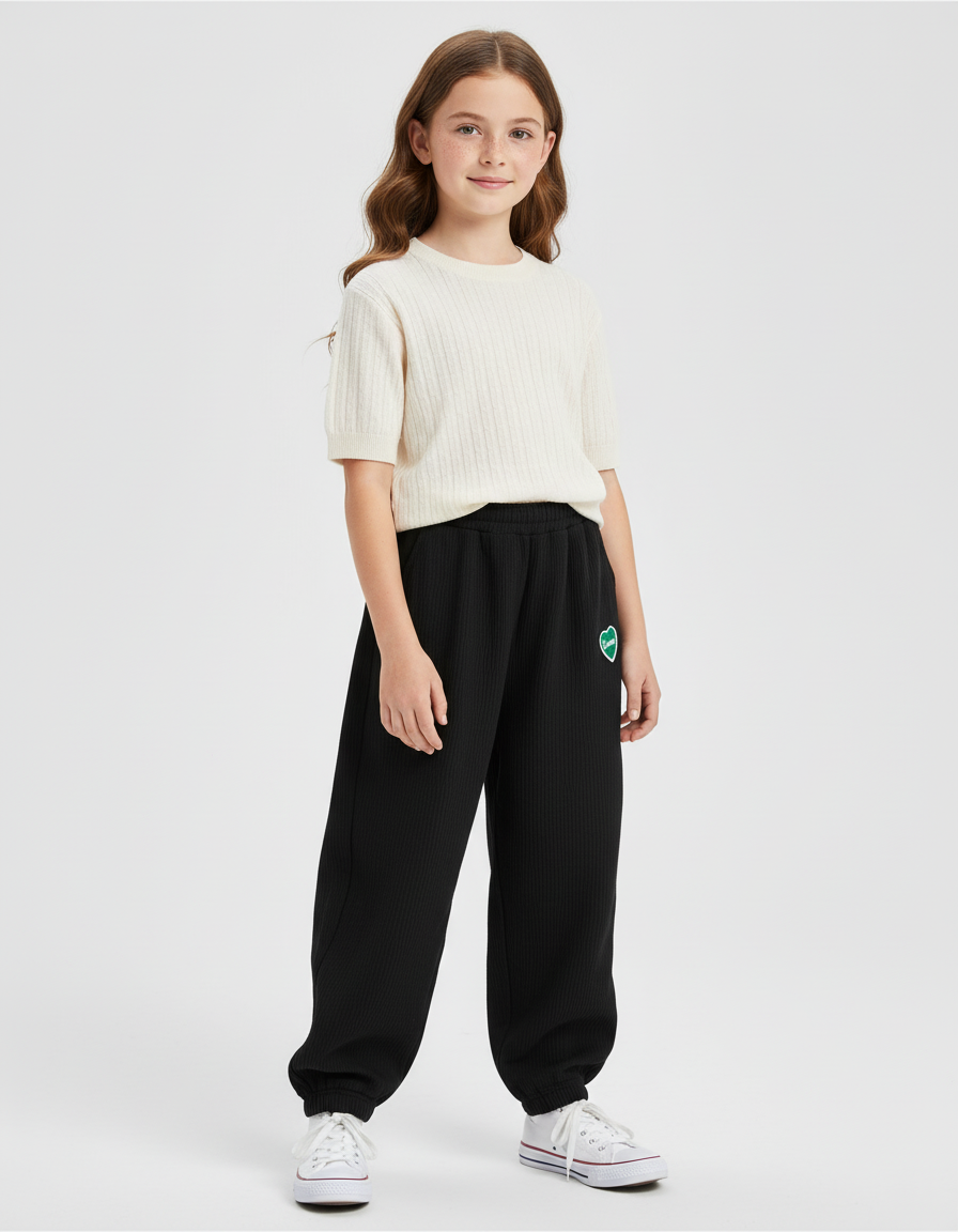 Pantalon Baggy Noir Côtelé Ample Cœur Fille - Cordé