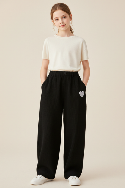 Pantalon Baggy Noir Côtelé Ample Décontracté Cœur - Cordé