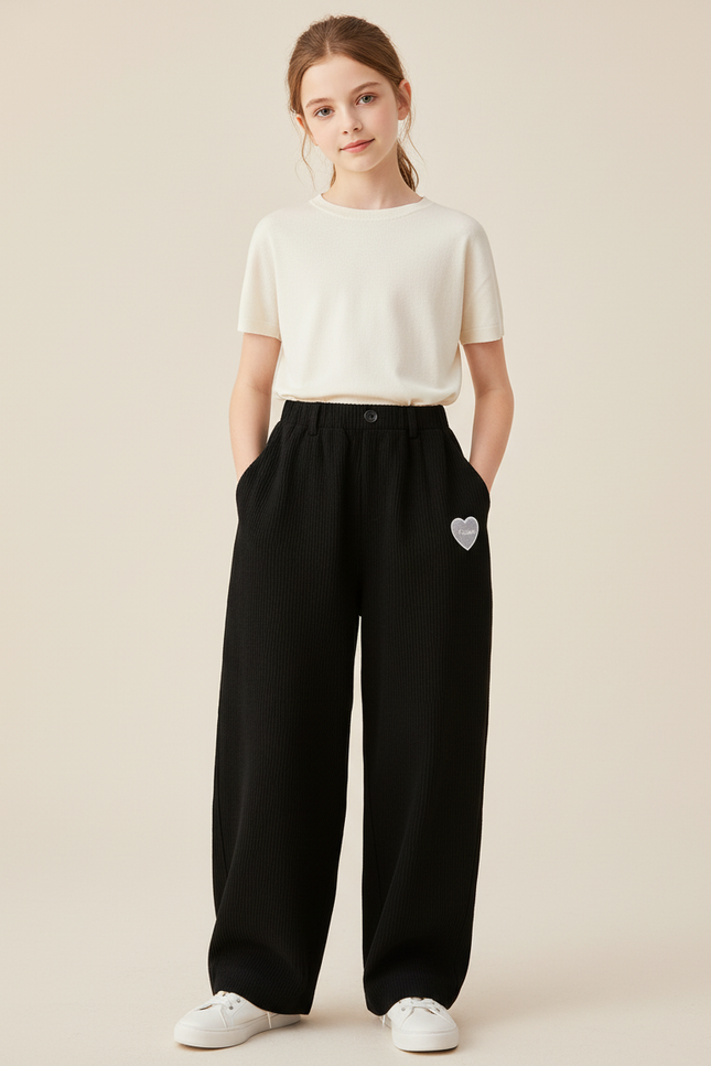 Pantalon Baggy Noir Côtelé Ample Décontracté Cœur - Cordé