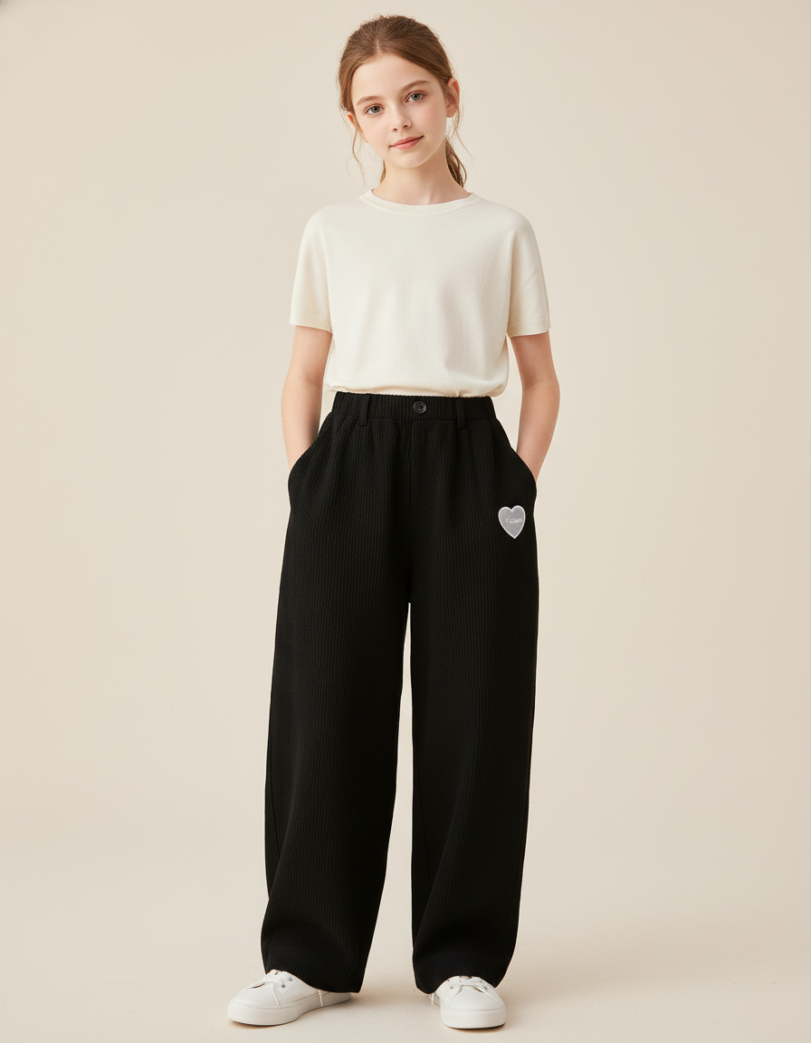 Pantalon Baggy Noir Côtelé Ample Décontracté Cœur - Cordé