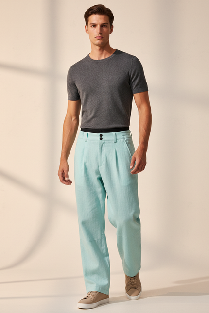 Pantalon Baggy Bleu Ciel Lin Plissé Homme