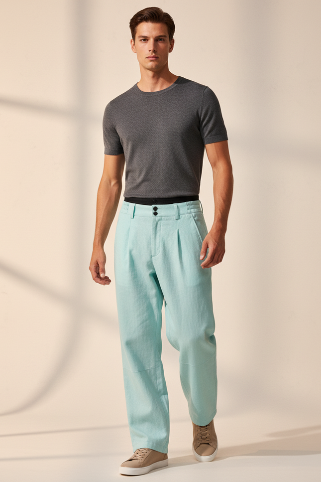 Pantalon Baggy Bleu Ciel Lin Plissé Homme