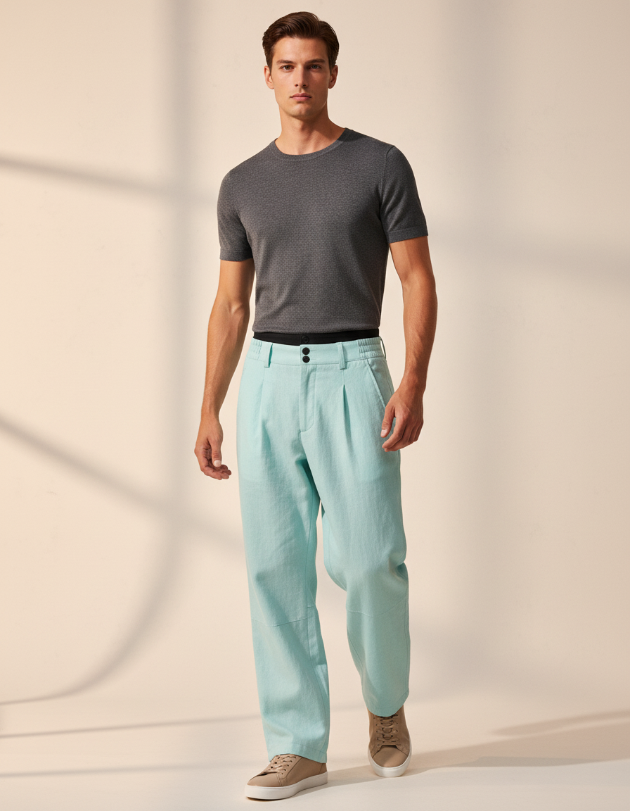 Pantalon Baggy Bleu Ciel Lin Plissé Homme