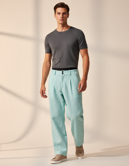 Pantalon Baggy Bleu Ciel Lin Plissé Homme