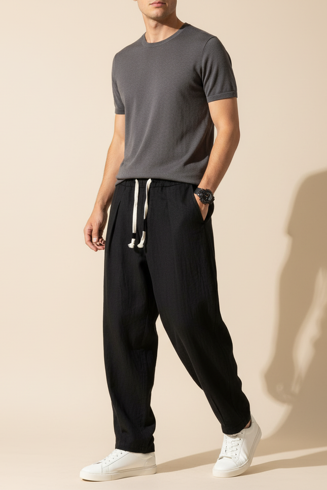 Pantalon Baggy Noir Lin Ample Décontracté Cordon Homme