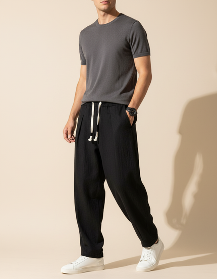 Pantalon Baggy Noir Lin Ample Décontracté Cordon Homme