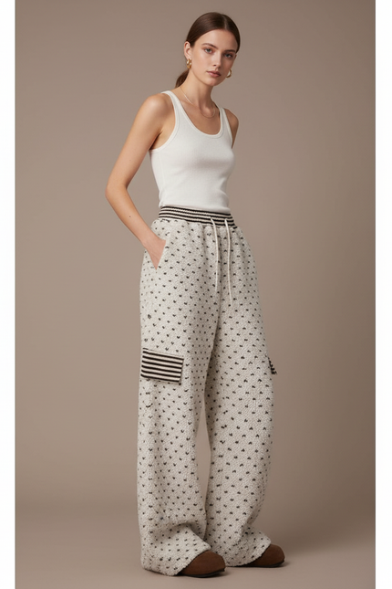 Pantalon Baggy Blanc Cassé Tricoté Motif Cœur Femme - Maille