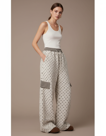 Pantalon Baggy Blanc Cassé Tricoté Motif Cœur Femme - Maille