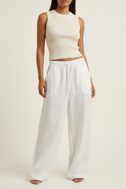 Pantalon Baggy Blanc Lin Fluide Taille Haute Décontracté