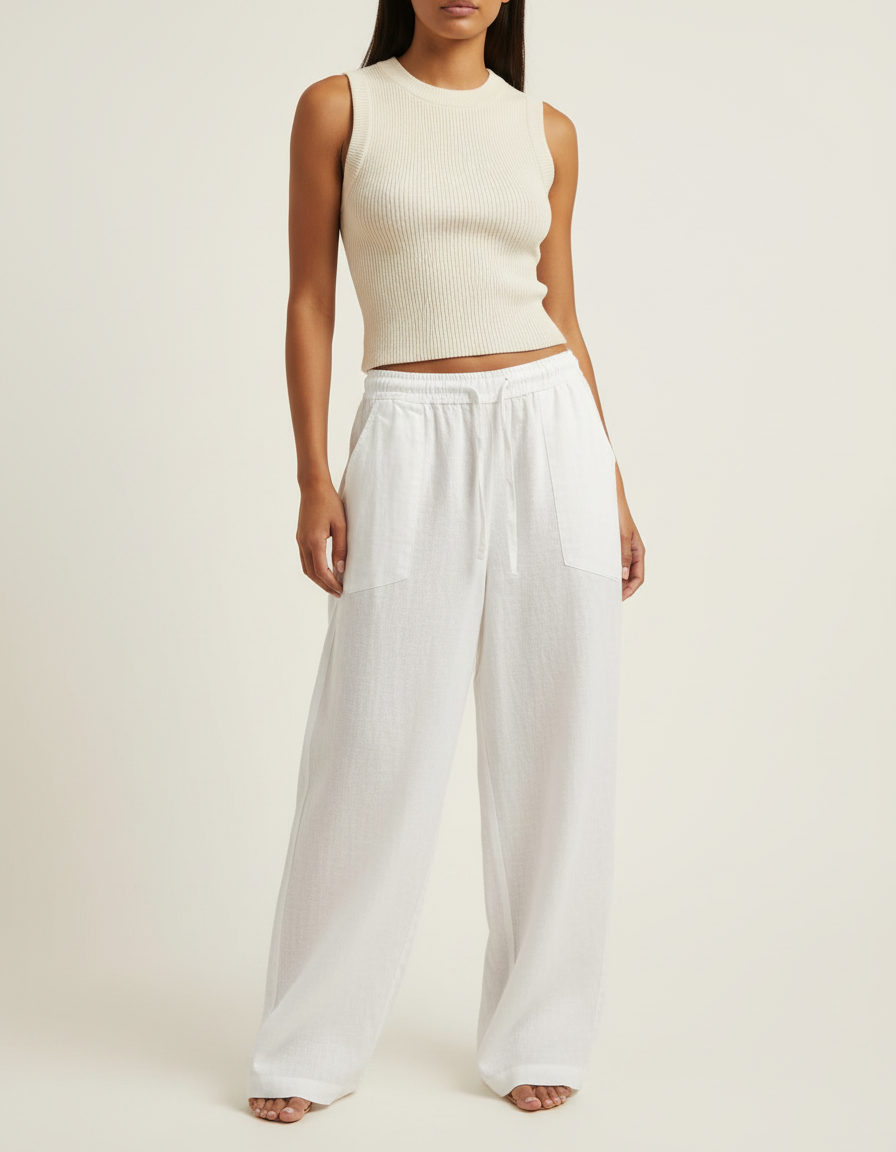 Pantalon Baggy Blanc Lin Fluide Taille Haute Décontracté