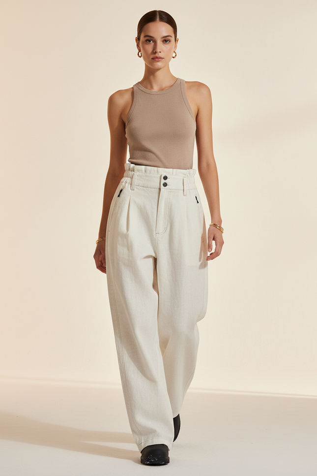Pantalon Baggy Crème Taille Haute Ample Décontracté - Beige Jean