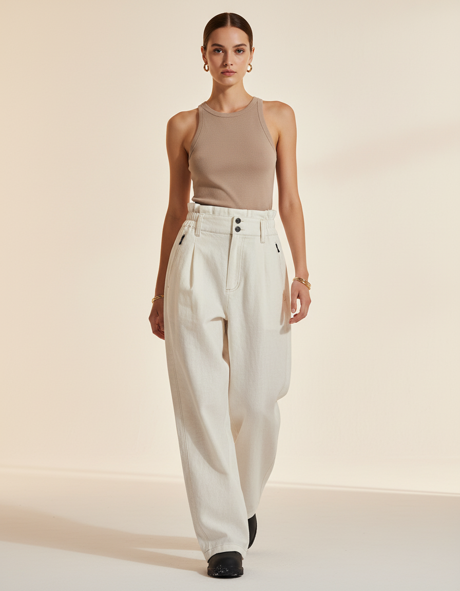 Pantalon Baggy Crème Taille Haute Ample Décontracté - Beige Jean