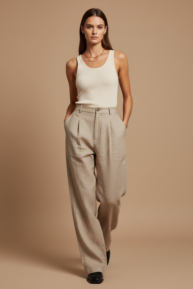 Pantalon Baggy Beige Plissé Ample Décontracté Fluide - Lin