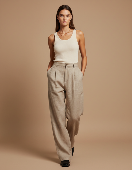 Pantalon Baggy Beige Plissé Ample Décontracté Fluide - Lin