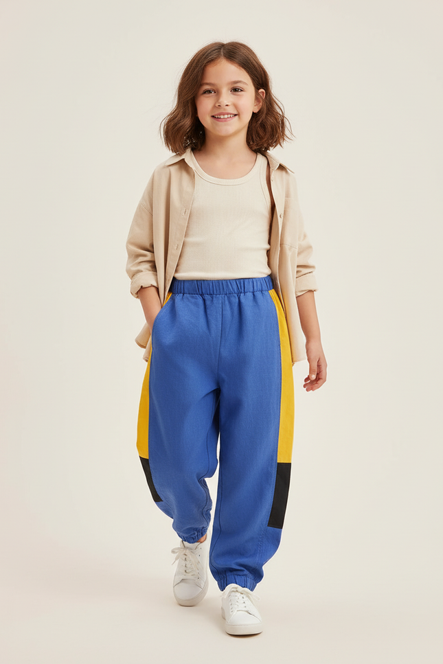 Pantalon Baggy Bleu Jaune Patchwork Enfant Coton - Multicolore