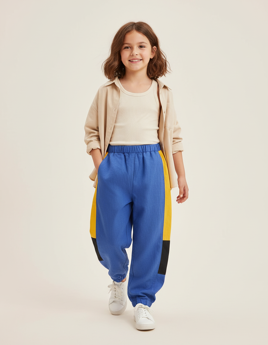 Pantalon Baggy Bleu Jaune Patchwork Enfant Coton - Multicolore