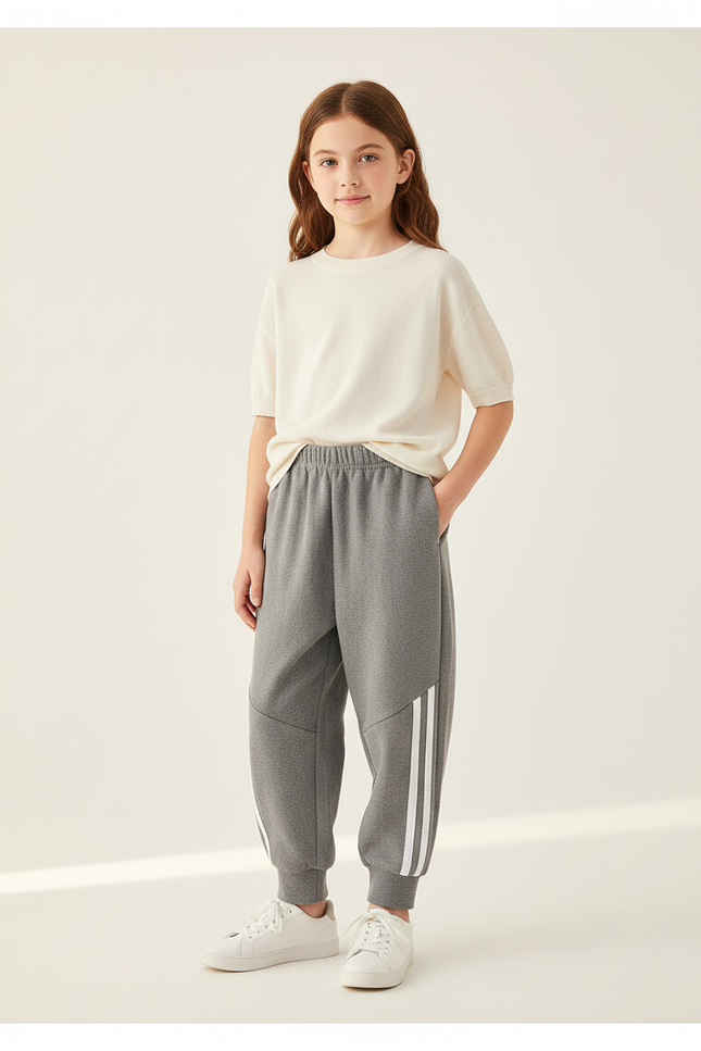 Pantalon Baggy Gris Molletonné Sportif Rayures Blanches Enfant