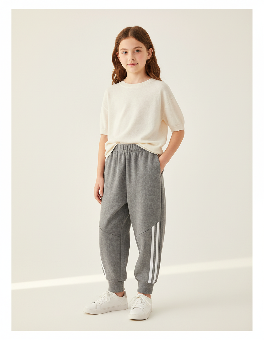 Pantalon Baggy Gris Molletonné Sportif Rayures Blanches Enfant