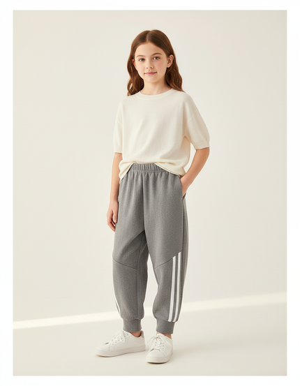Pantalon Baggy Gris Molletonné Sportif Rayures Blanches Enfant