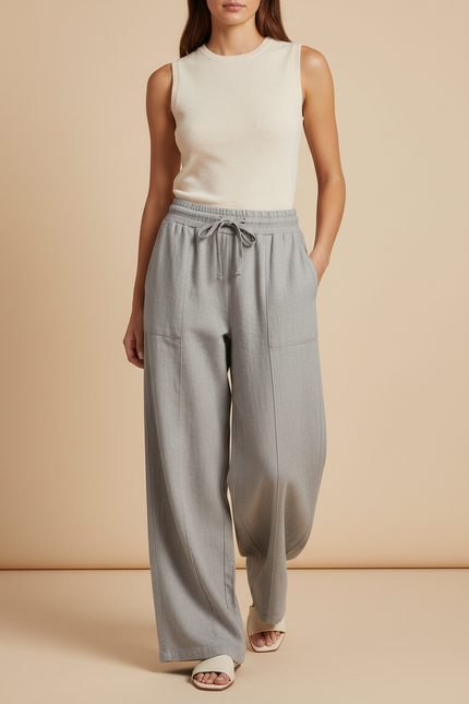 Pantalon Baggy Gris Ample Fluide Cordon Décontracté - Laine