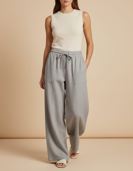 Pantalon Baggy Gris Ample Fluide Cordon Décontracté - Laine