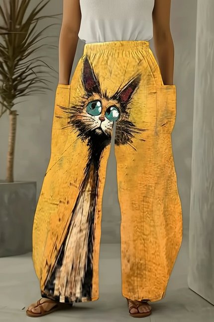Pantalon Baggy Jaune Imprimé Chat Ample Décontracté - Viscose