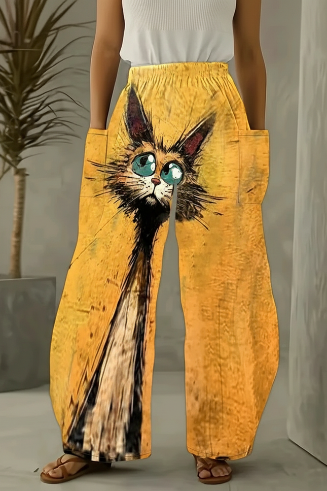 Pantalon Baggy Jaune Imprimé Chat Ample Décontracté - Viscose
