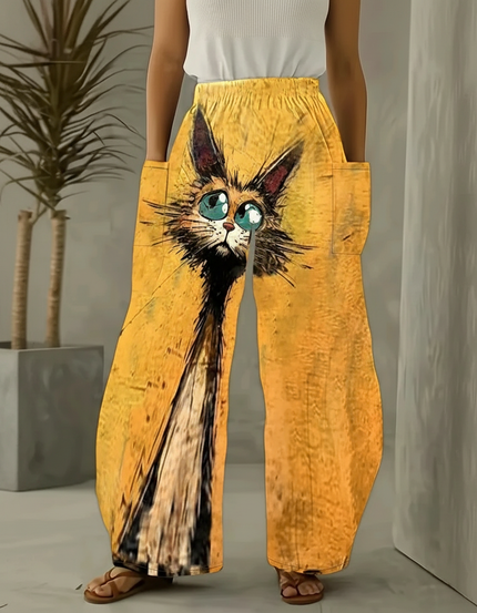 Pantalon Baggy Jaune Imprimé Chat Ample Décontracté - Viscose