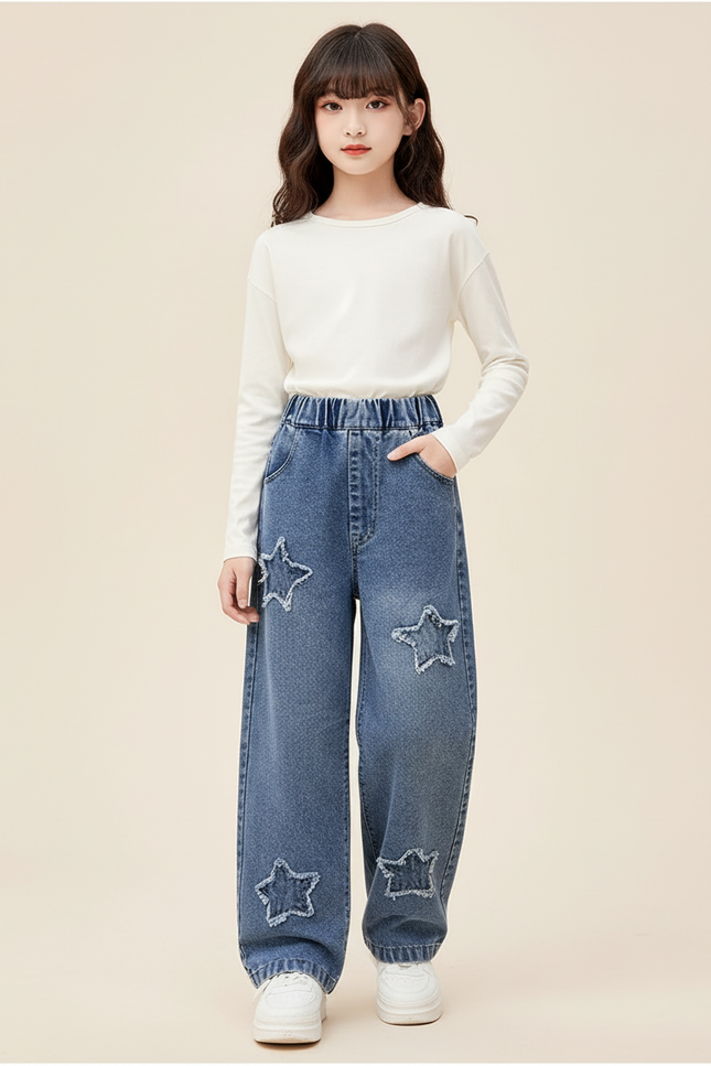Pantalon Baggy Denim Bleu Étoiles Ample Enfant - Jean