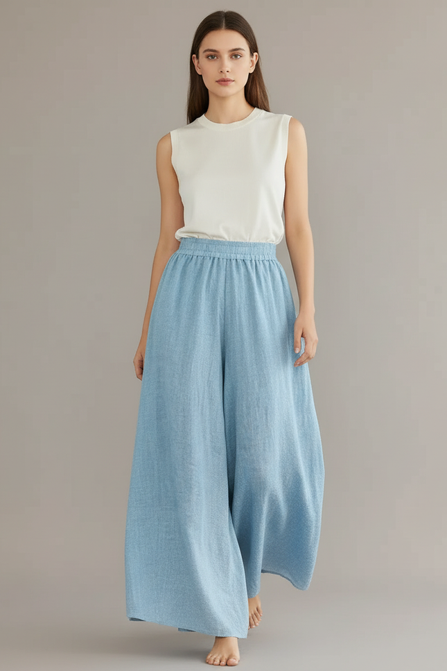 Pantalon Baggy Lin Coton Ample Fluide Bleu Clair