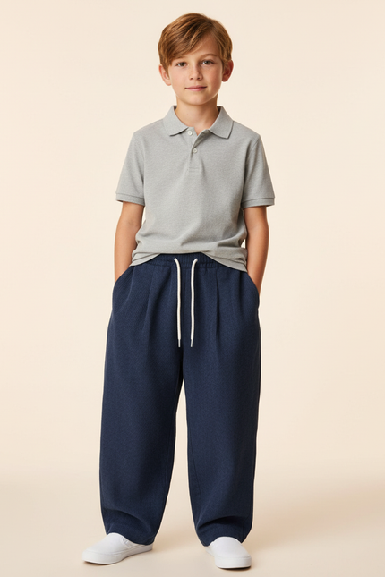 Pantalon Baggy Bleu Marine Ample Cordon Décontracté Enfant - Cordé