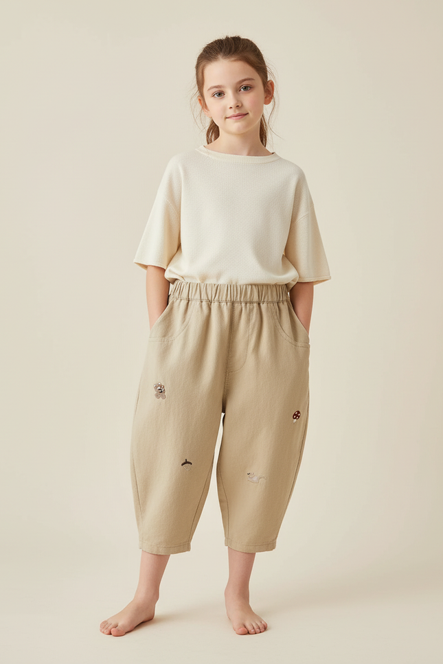 Pantalon Baggy Beige Coton Ample Brodé Décontracté Enfant