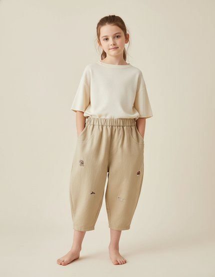 Pantalon Baggy Beige Coton Ample Brodé Décontracté Enfant
